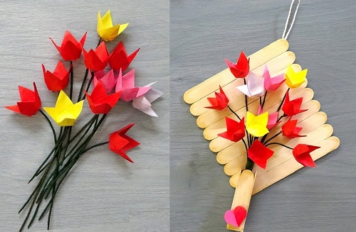 Paper flowers Tulip, origami flower tutorial & Popsicle stick wall hanging